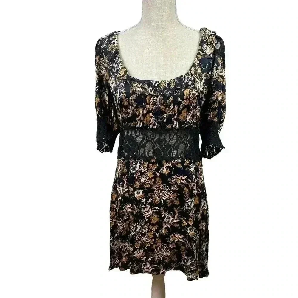 Free People Lucie Mini Dress in Black Combo With Lace Detail Size 8 - Picture 1 of 16